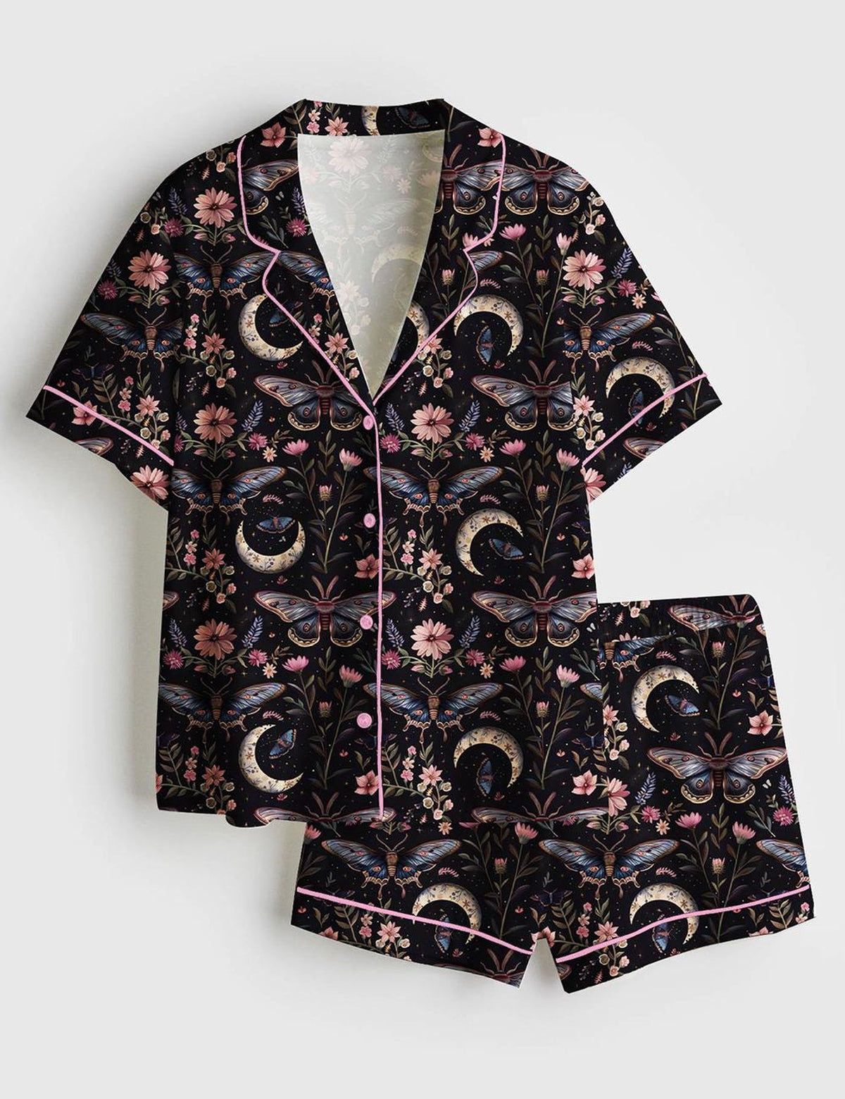 Night Garden Mystical Moth Magic Witchy Floral Satin Pajama Set, Halloween Magic Witchy Floral Pajama Sleepwear, Nighwear Set for Her