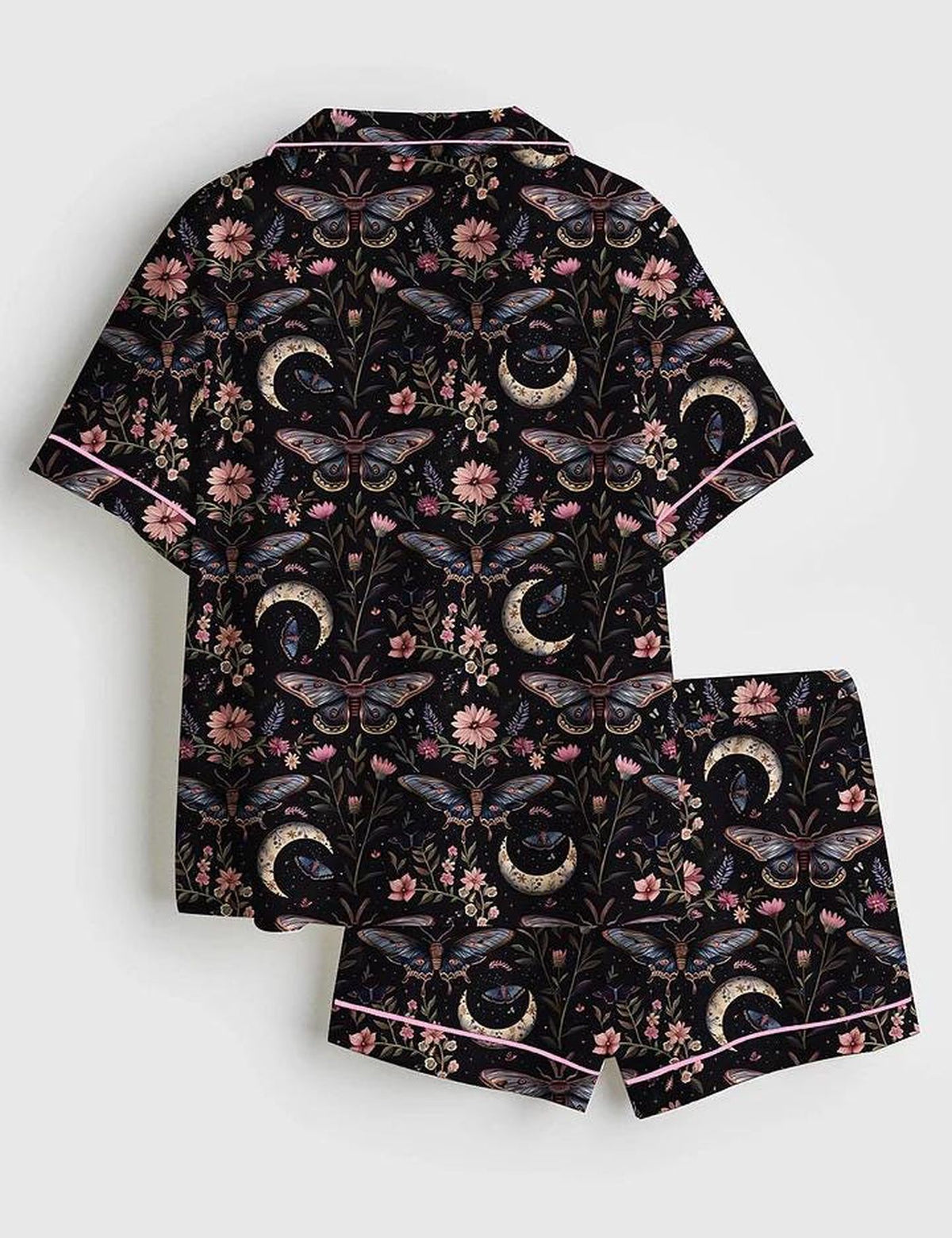 Night Garden Mystical Moth Magic Witchy Floral Satin Pajama Set, Halloween Magic Witchy Floral Pajama Sleepwear, Nighwear Set for Her