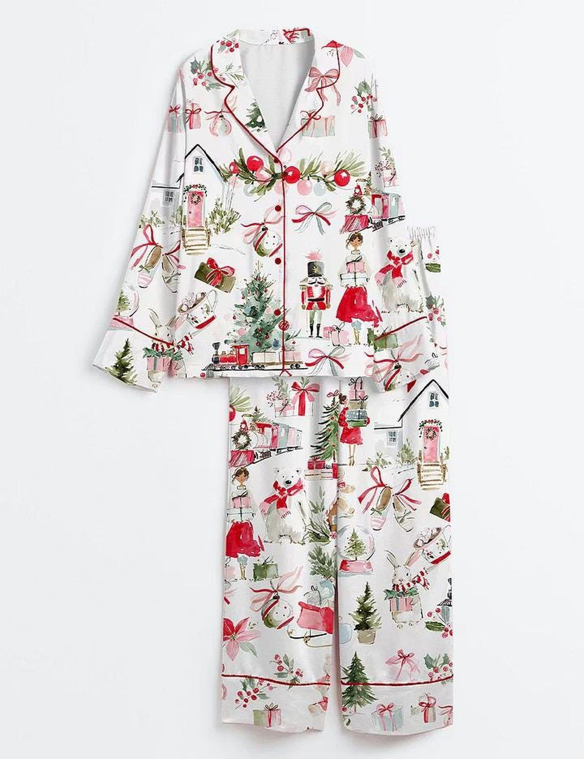 Winter Animals Nutcracker Christmas Satin Pajama Set for Women - Holiday Sleepwear