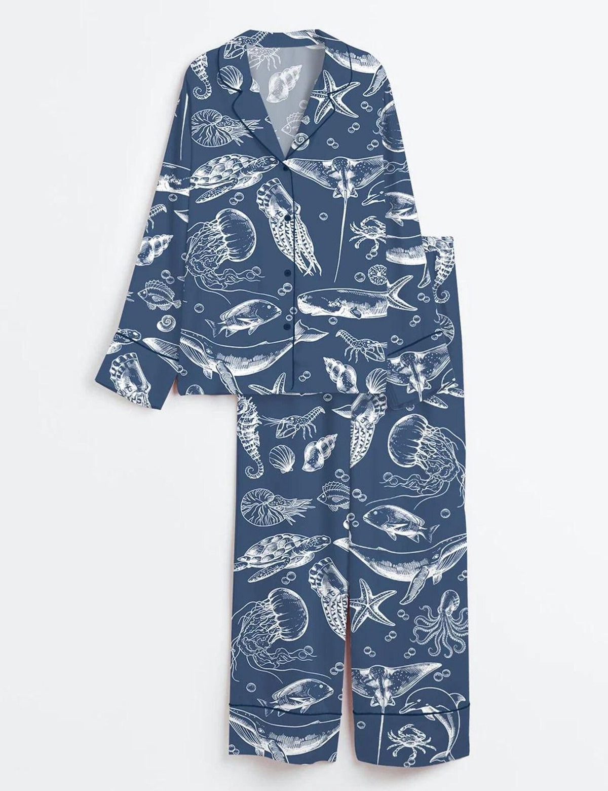 Ocean Life Pajama Set Women Coastal Sleepwear Nautical Sea Creature PJs