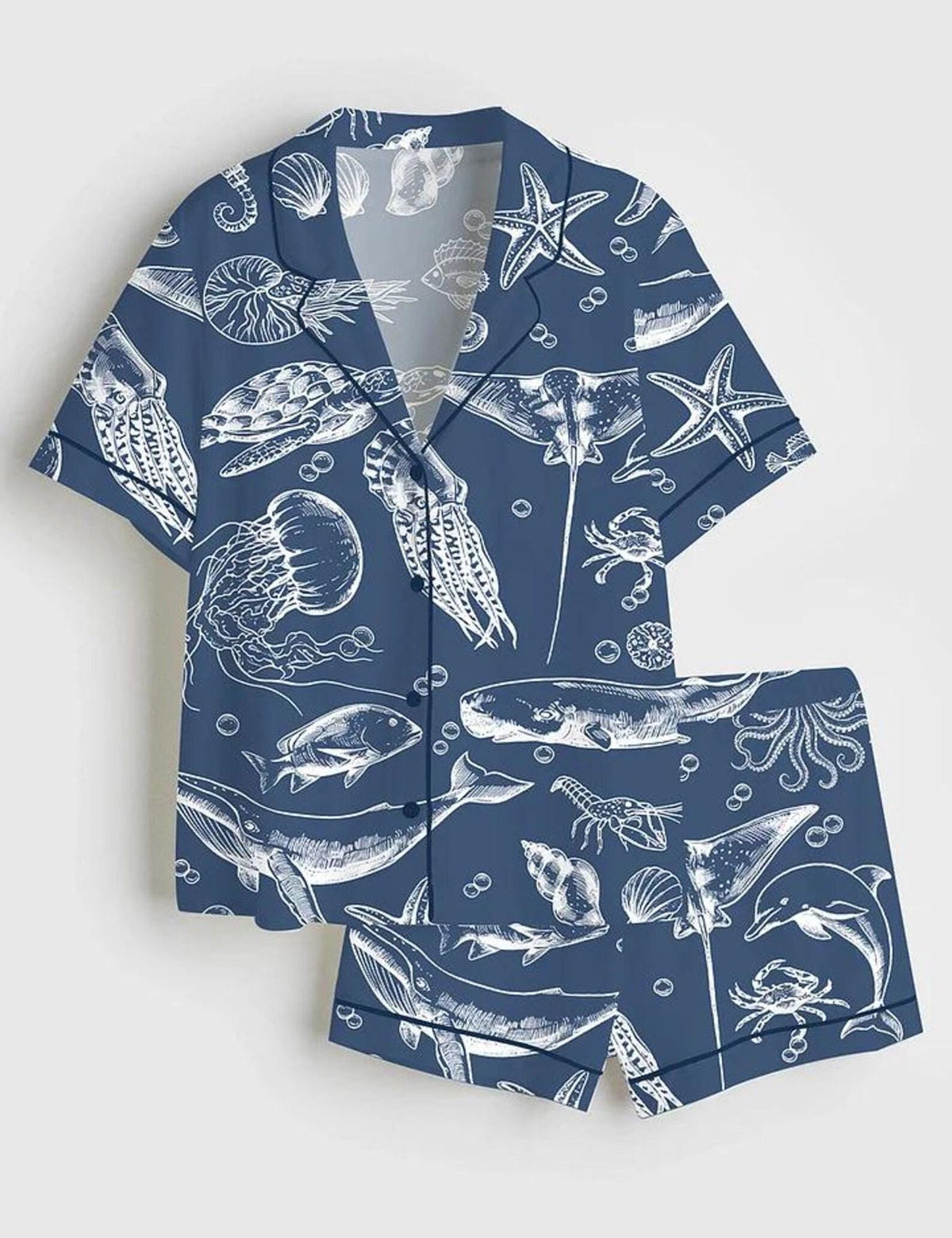 Ocean Life Pajama Set Women Coastal Sleepwear Nautical Sea Creature PJs