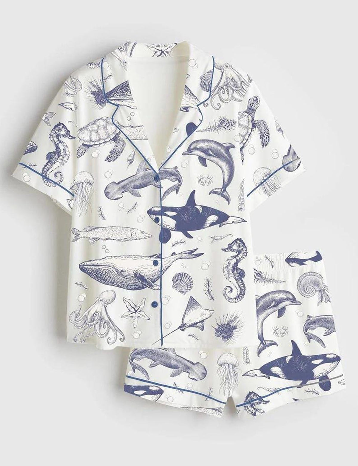 Ocean Life Women s Pajama Set Coastal Sleepwear Whale Dolphin Print