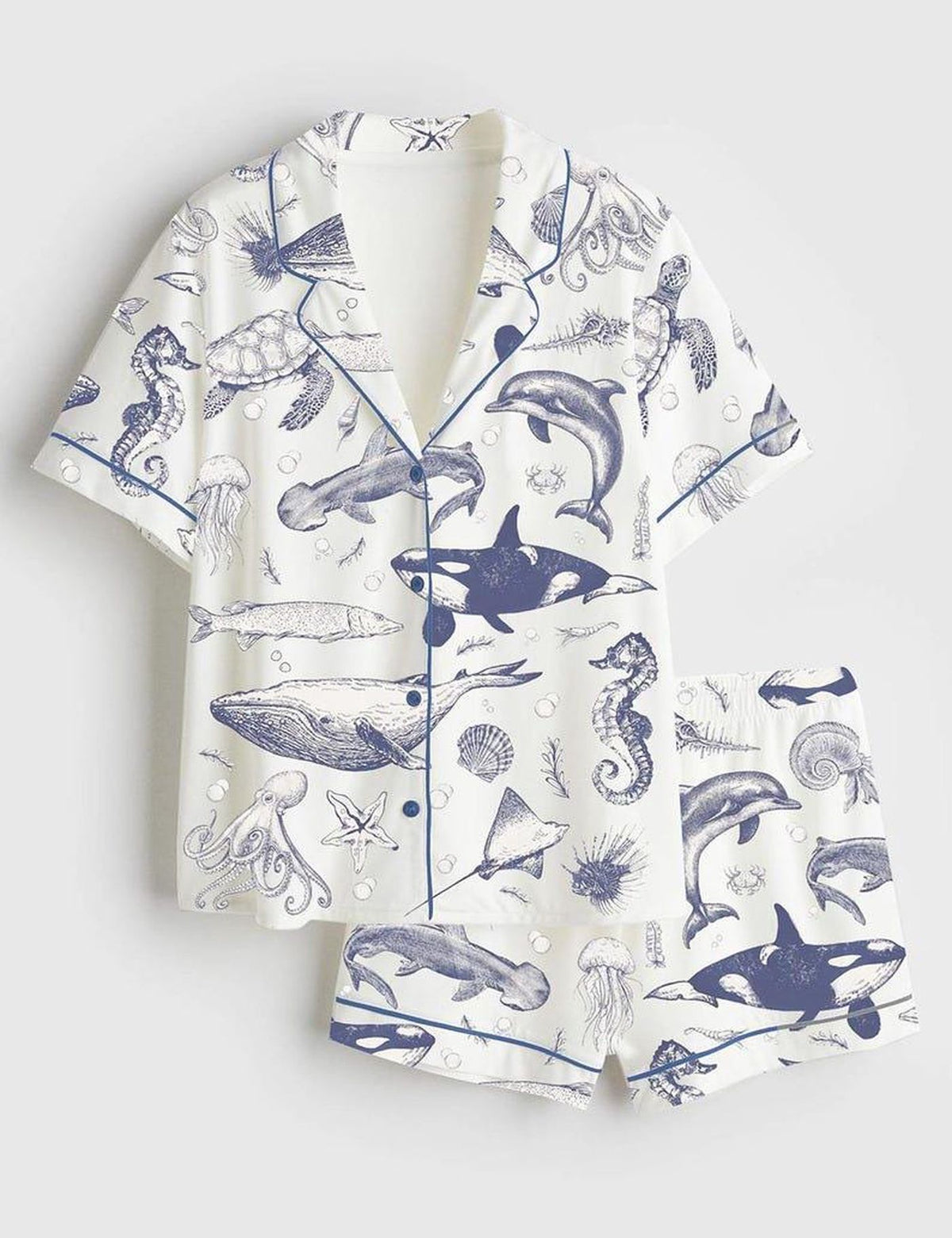 Ocean Life Women s Pajama Set Coastal Sleepwear Whale Dolphin Print