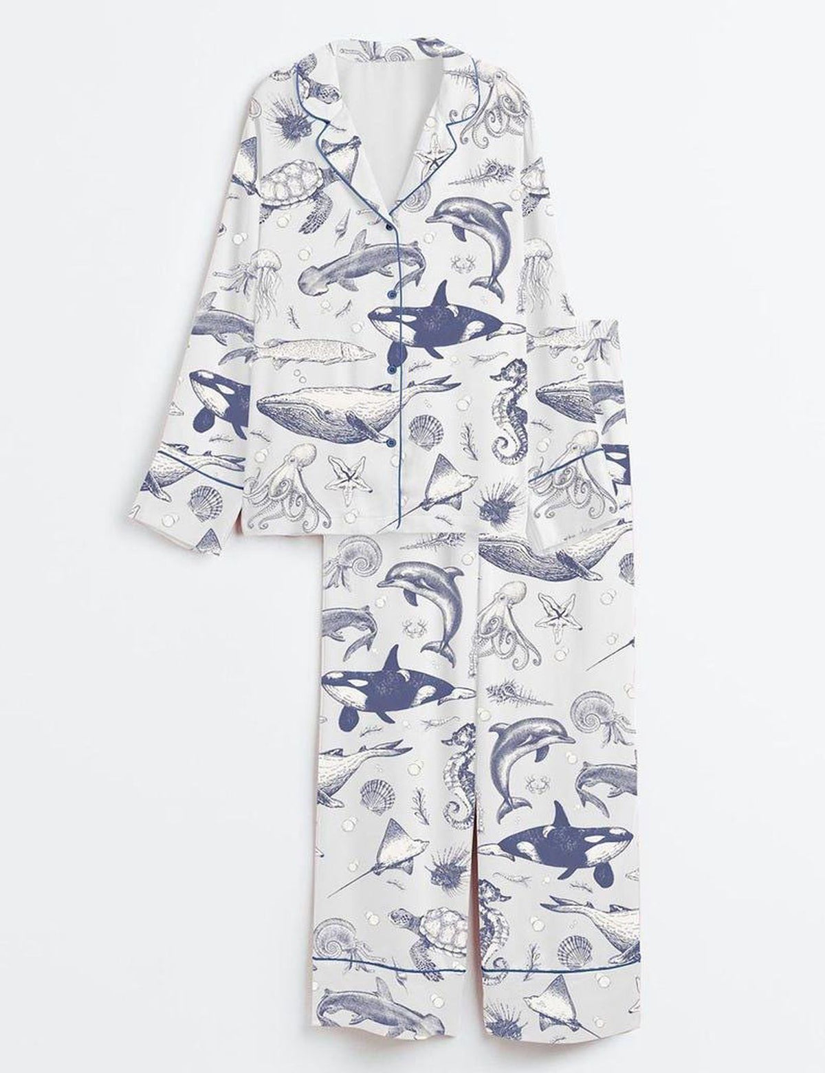 Ocean Life Women s Pajama Set Coastal Sleepwear Whale Dolphin Print