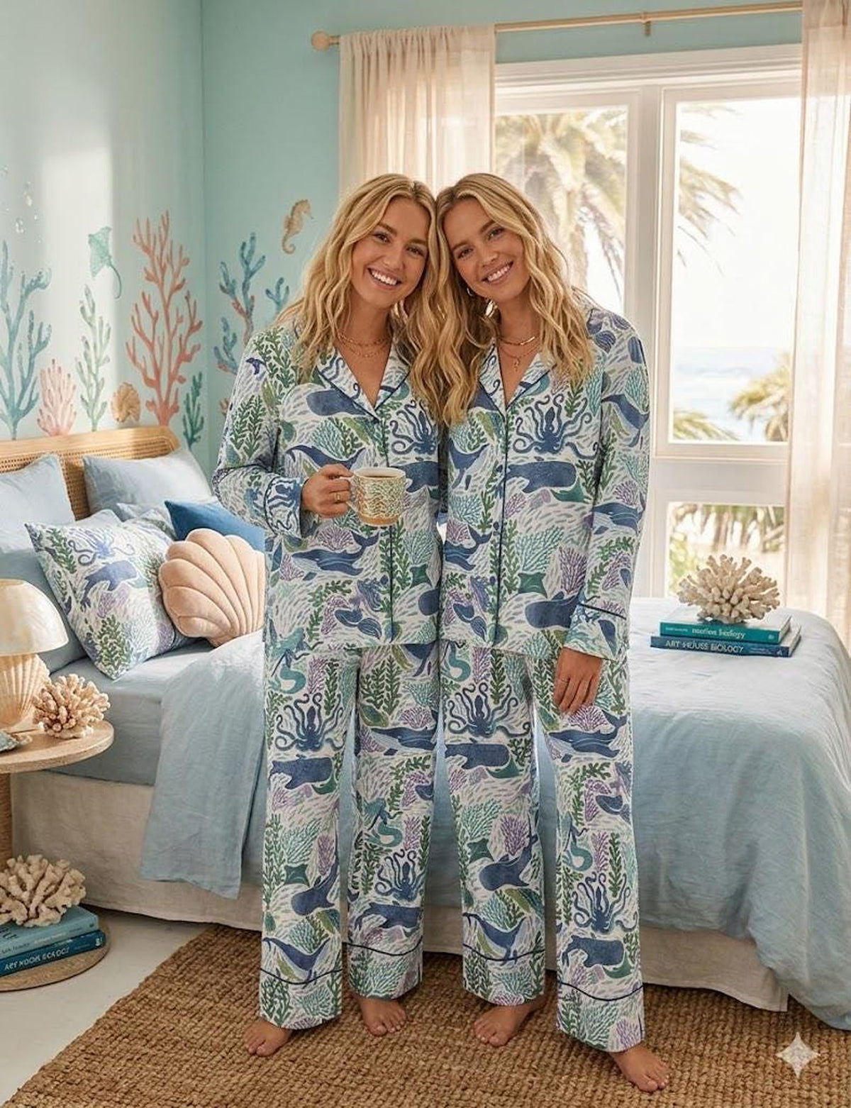 Mermaid and Whale Ocean Pattern Pajamas Set - Summer Loungewear Gift for Her