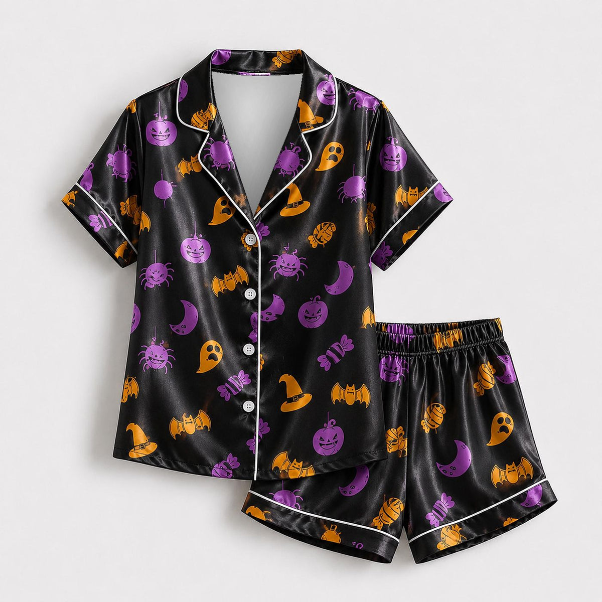 Festive Halloween Satin Sleepwear: October Delight Pajama Set for Autumn Lounge