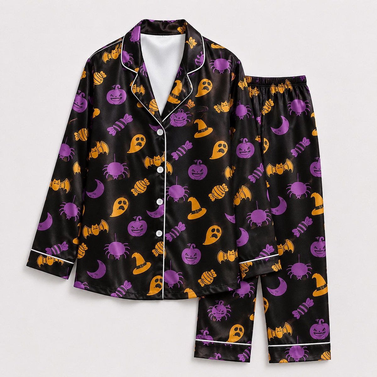Festive Halloween Satin Sleepwear: October Delight Pajama Set for Autumn Lounge