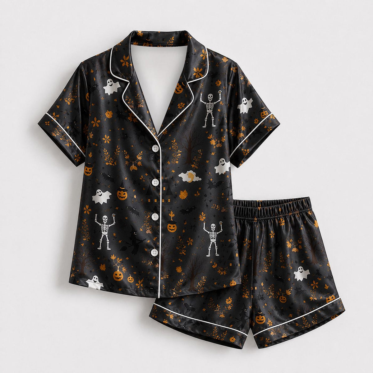 October Mischief Satin Pajamas: Halloween Pattern Sleepwear for Cozy Nights