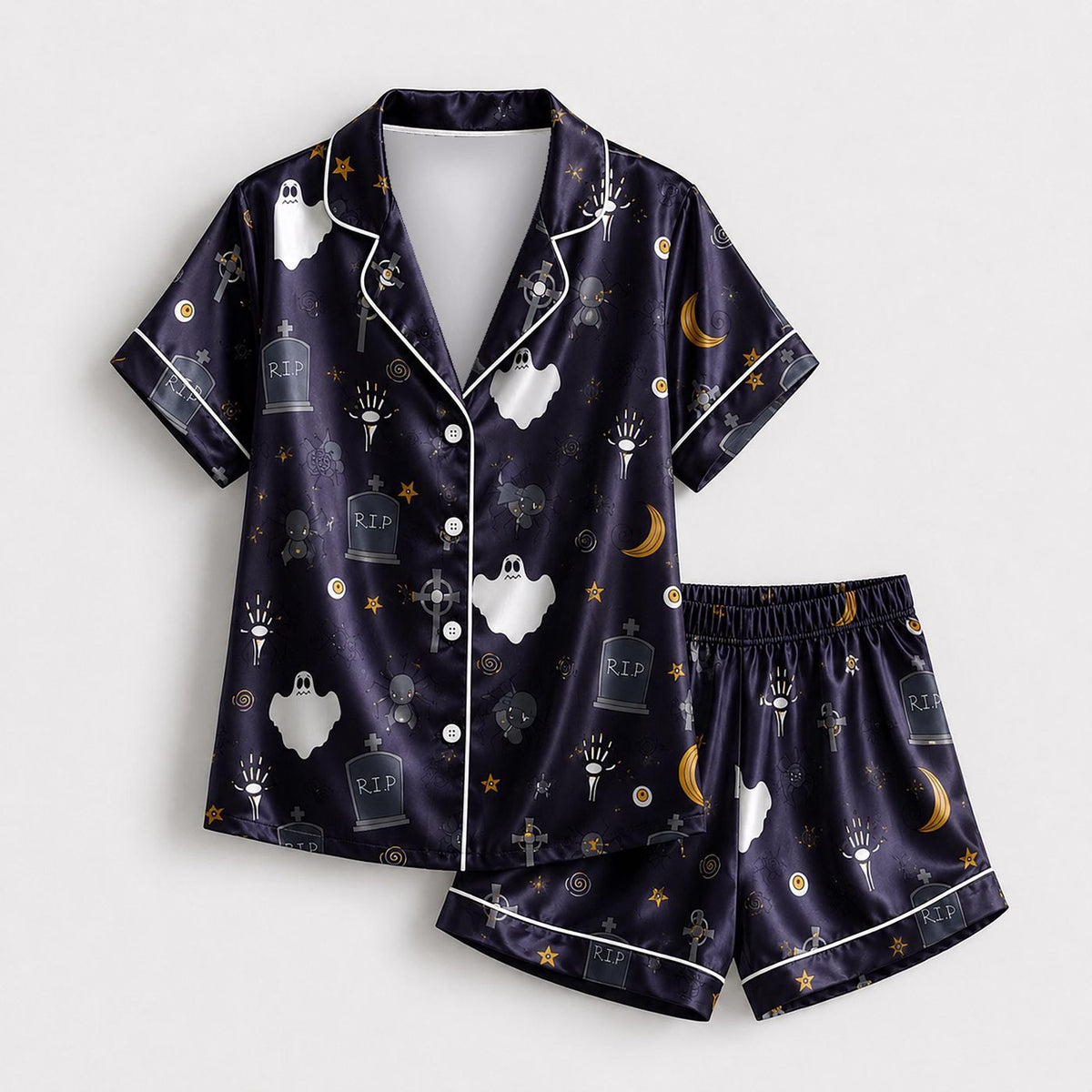 October Whimsy Pajama Set: Fun Halloween Satin Nightwear for a Cozy Lounge Outfit