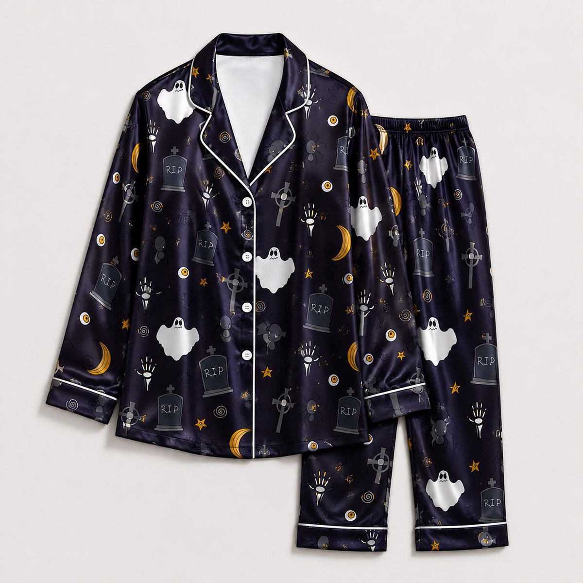 October Whimsy Pajama Set: Fun Halloween Satin Nightwear for a Cozy Lounge Outfit