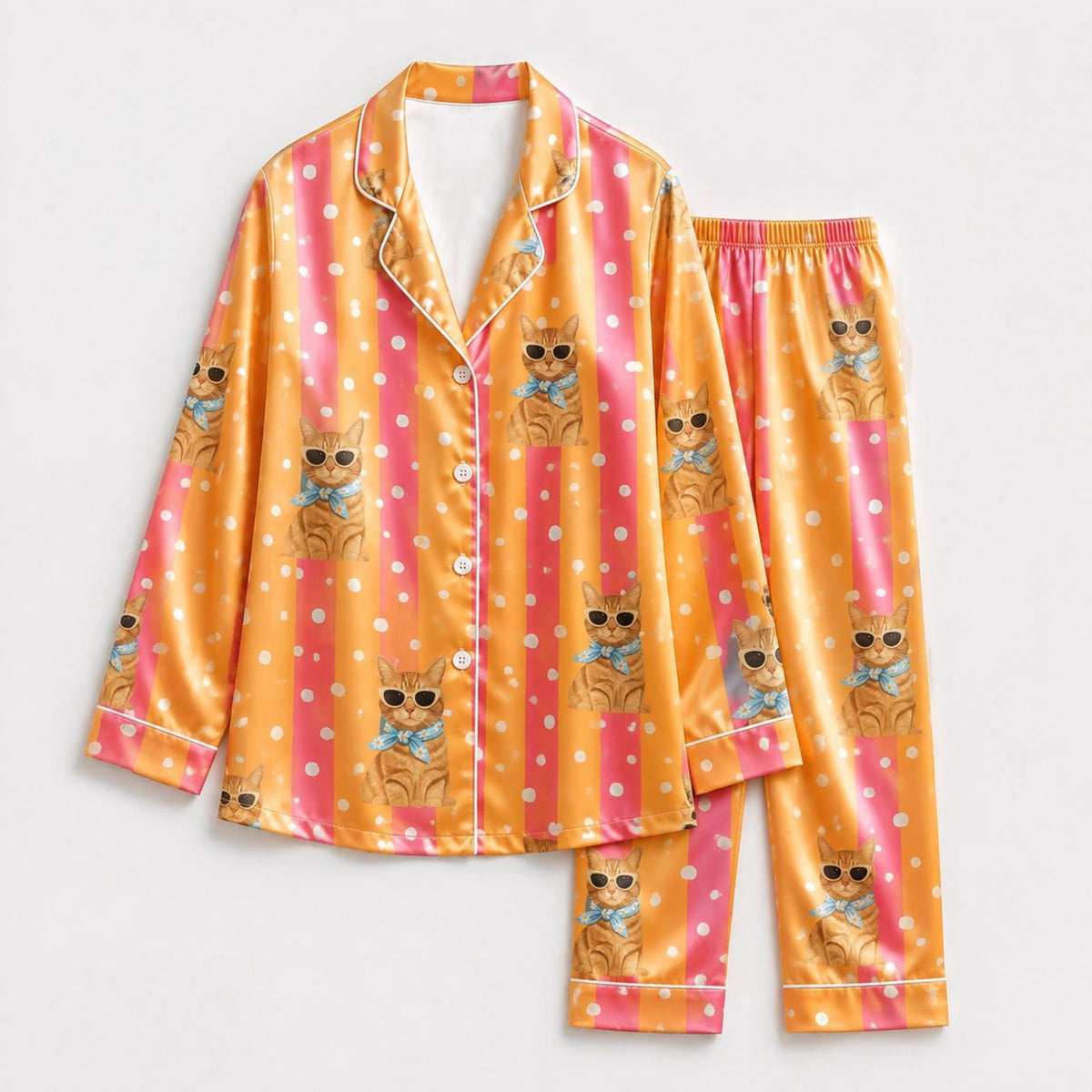 Custom Orange Cat Satin Pajama Set: Polka Dot Sunglasses Blue Scarf
