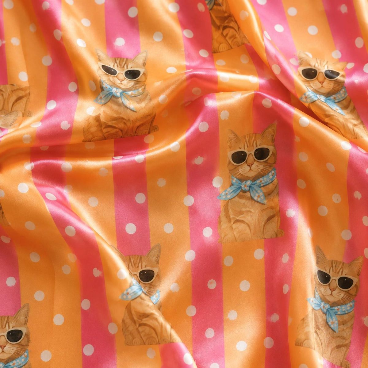 Custom Orange Cat Satin Pajama Set: Polka Dot Sunglasses Blue Scarf
