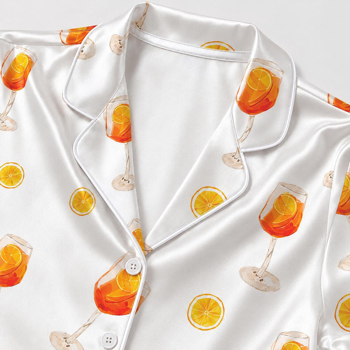 Orange Cocktail Satin Pajama Set with Citrus Slices & Aperitif Glasses - Refreshing Summer Drink Pattern