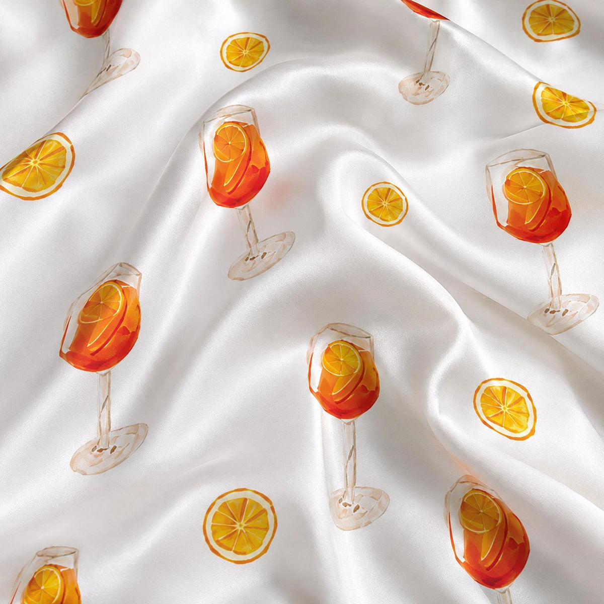 Orange Cocktail Satin Pajama Set with Citrus Slices & Aperitif Glasses - Refreshing Summer Drink Pattern