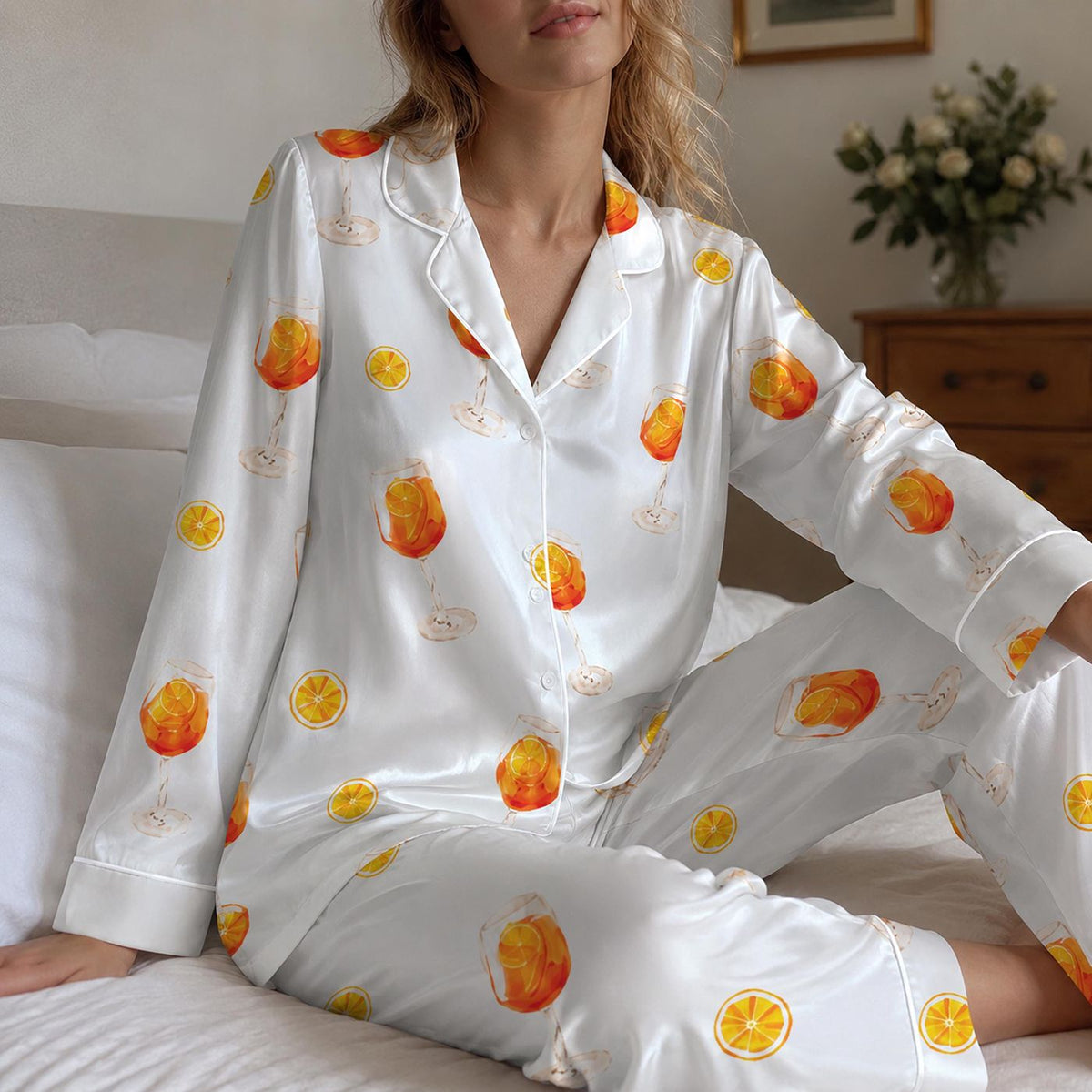 Orange Cocktail Satin Pajama Set with Citrus Slices & Aperitif Glasses - Refreshing Summer Drink Pattern