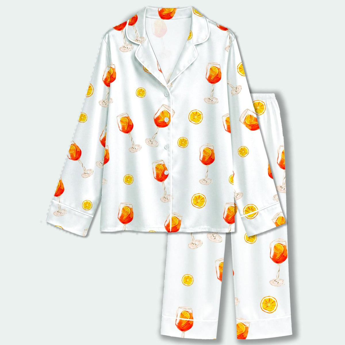 Orange Cocktail Satin Pajama Set with Citrus Glasses and Summer Drink Pattern