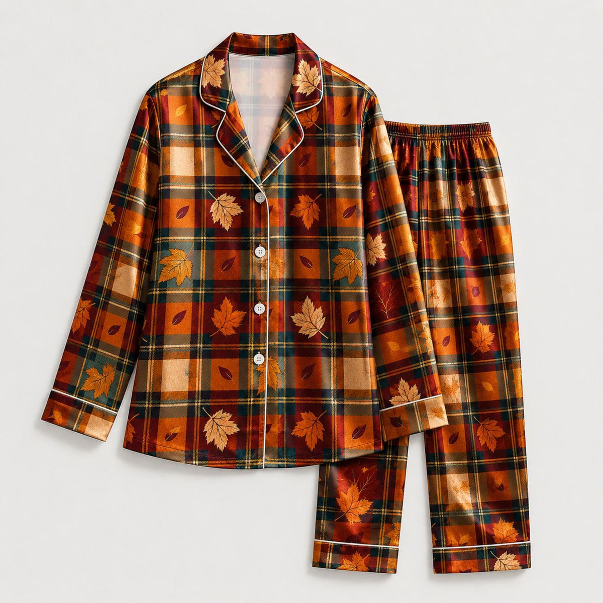 Whimsical Fall Graphic Orange Fabric Pajama Collection - Cozy Loungewear Sleepwear Set