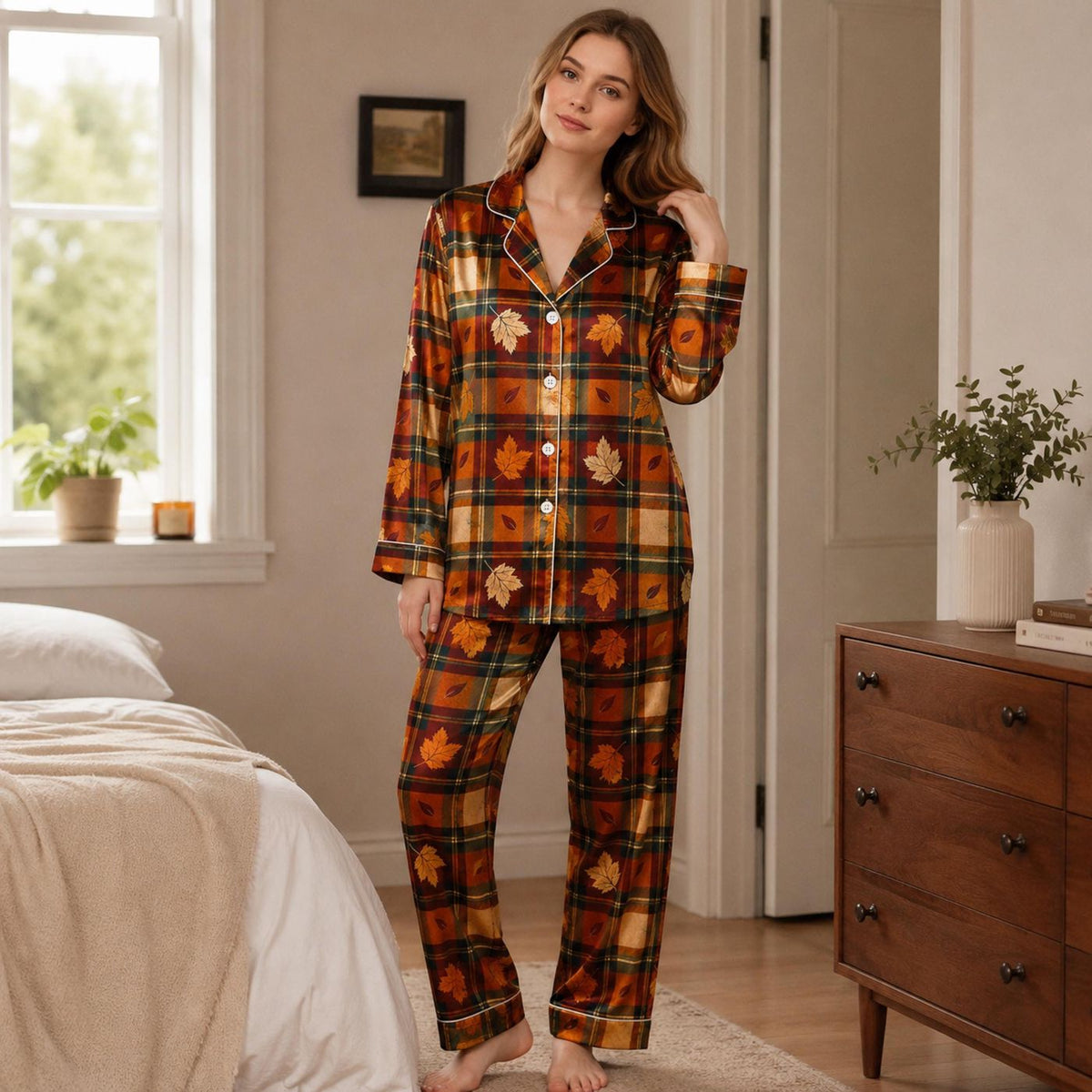 Whimsical Fall Graphic Orange Fabric Pajama Collection - Cozy Loungewear Sleepwear Set