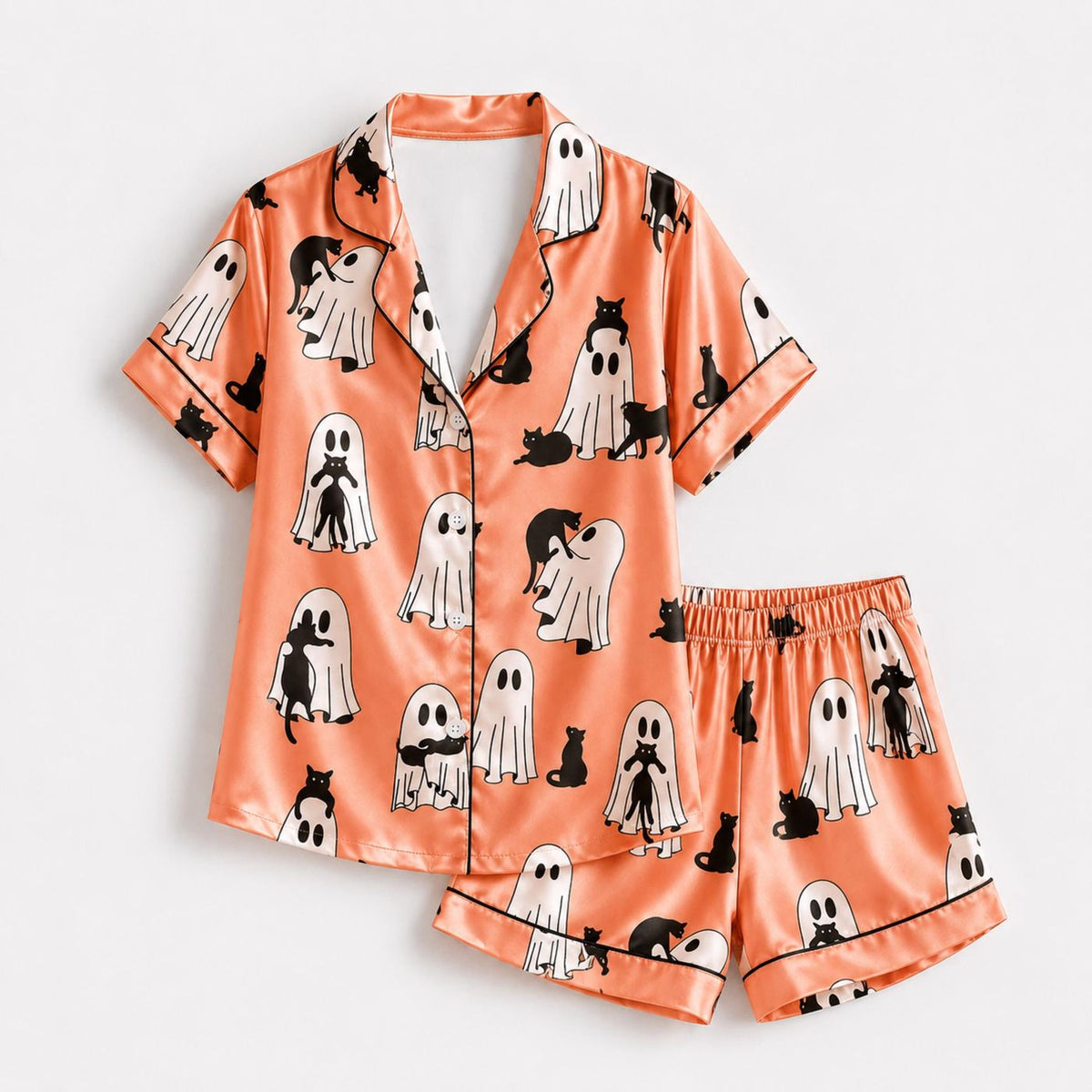 Orange Ghost Cat Halloween Satin Pajama Set - Cute Spooky Kitty & Sheet Ghost Pattern