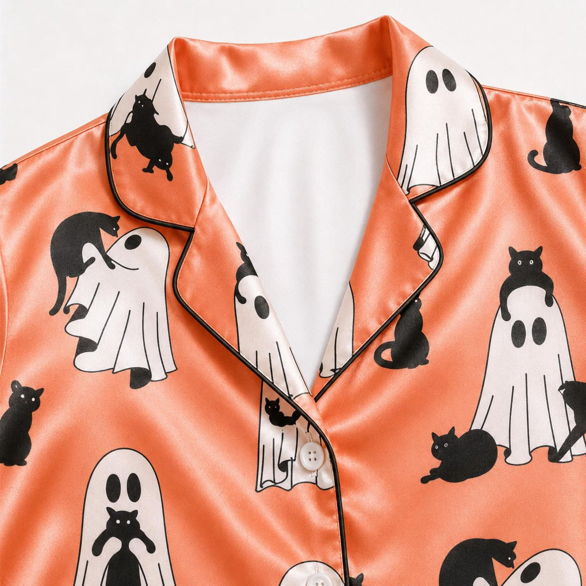 Orange Ghost Cat Halloween Satin Pajama Set - Cute Spooky Kitty & Sheet Ghost Pattern