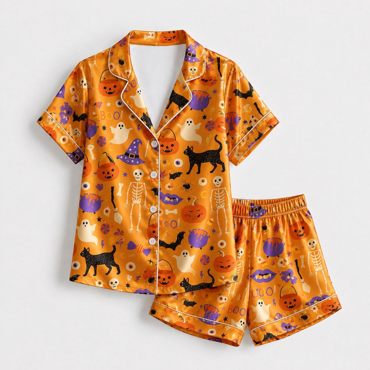 Spooky Orange Halloween Satin Pajama Set with Cat Ghost Pumpkin Witch Hat Bat and Skeleton Pattern