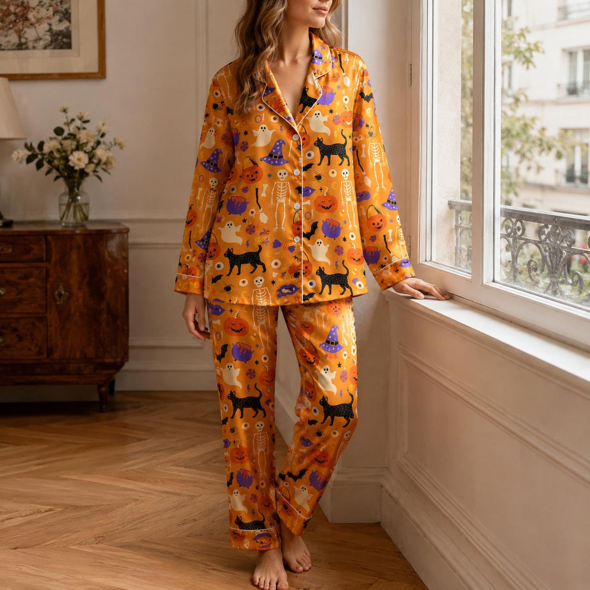 Spooky Orange Halloween Satin Pajama Set with Cat Ghost Pumpkin Witch Hat Bat and Skeleton Pattern
