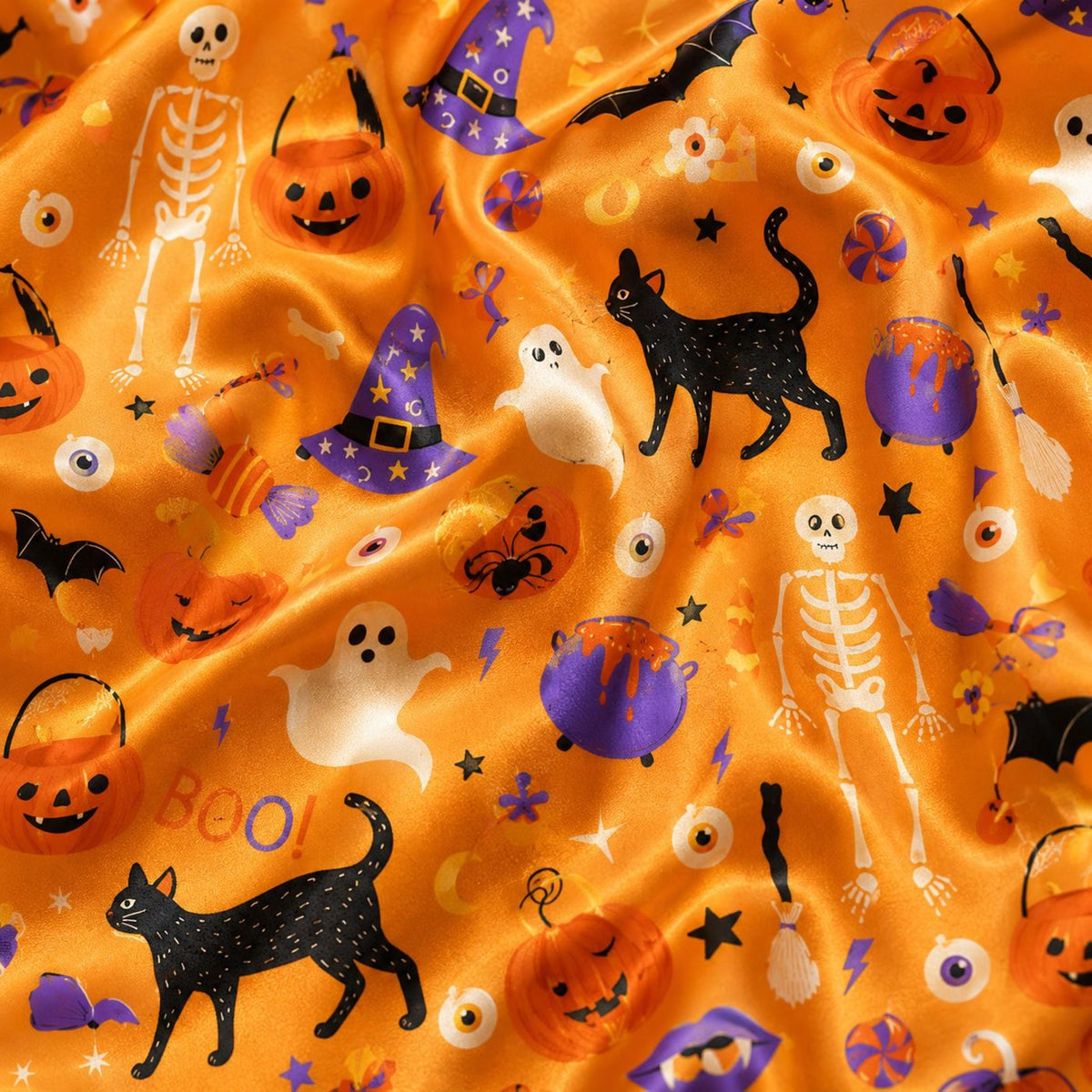 Spooky Orange Halloween Satin Pajama Set with Cat Ghost Pumpkin Witch Hat Bat and Skeleton Pattern