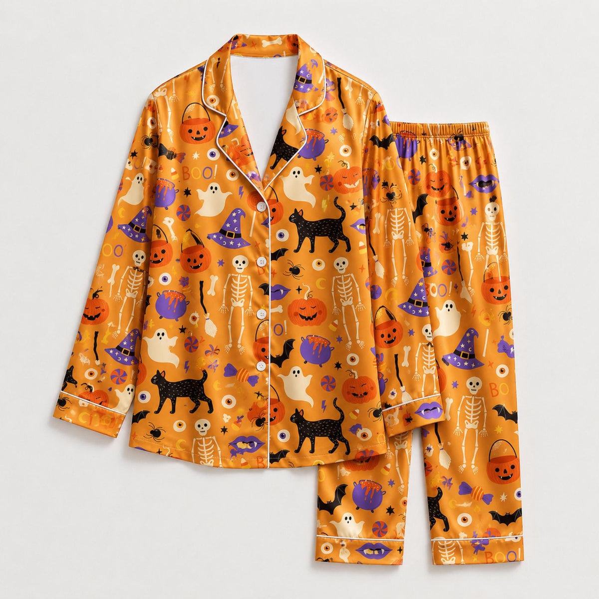 Spooky Orange Halloween Satin Pajama Set with Cat Ghost Pumpkin Witch Hat Bat and Skeleton Pattern