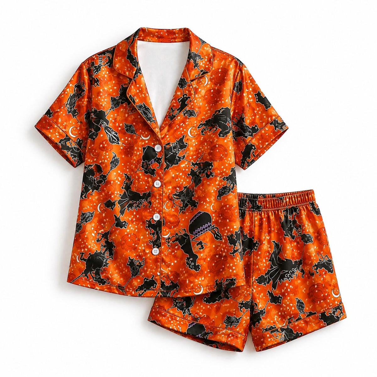 Orange Halloween Satin Pajama Set with Witch Cat Moon Pattern