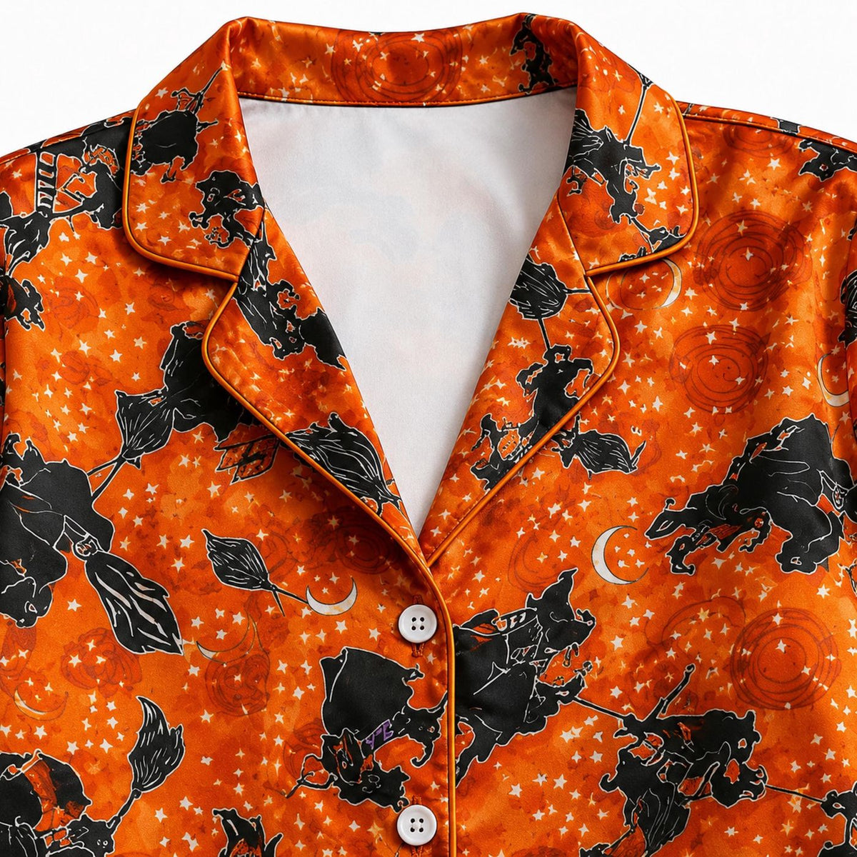Orange Halloween Satin Pajama Set with Witch Cat Moon Pattern