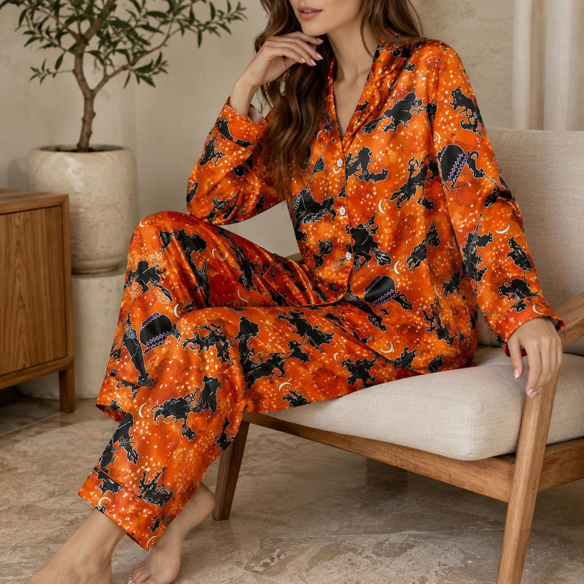 Orange Halloween Satin Pajama Set with Witch Cat Moon Pattern