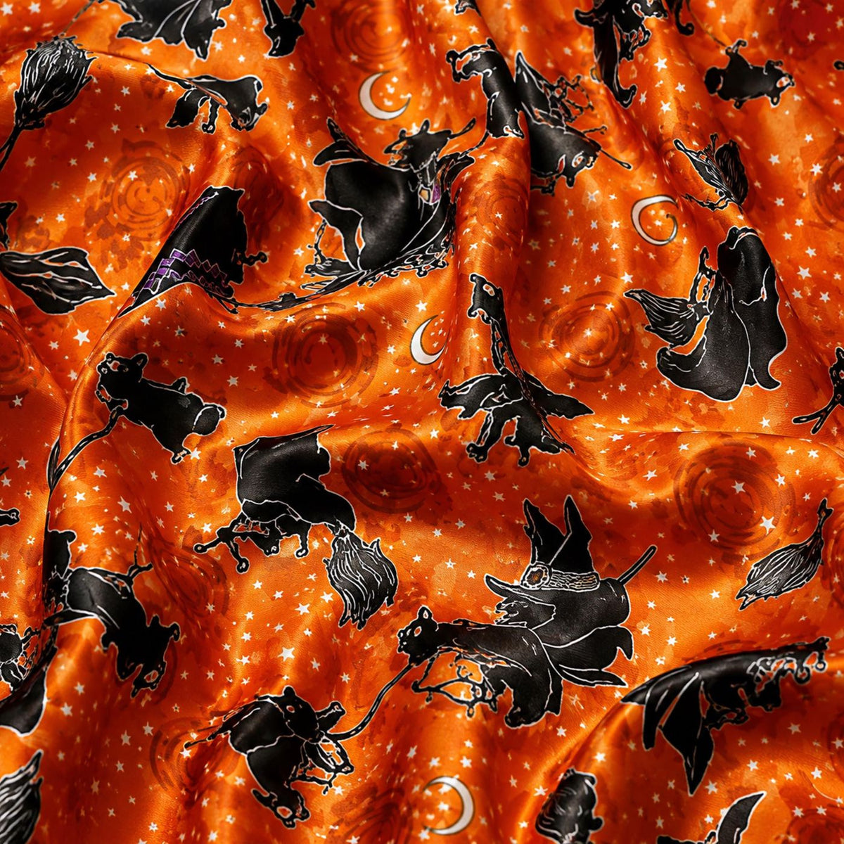 Orange Halloween Satin Pajama Set with Witch Cat Moon Pattern
