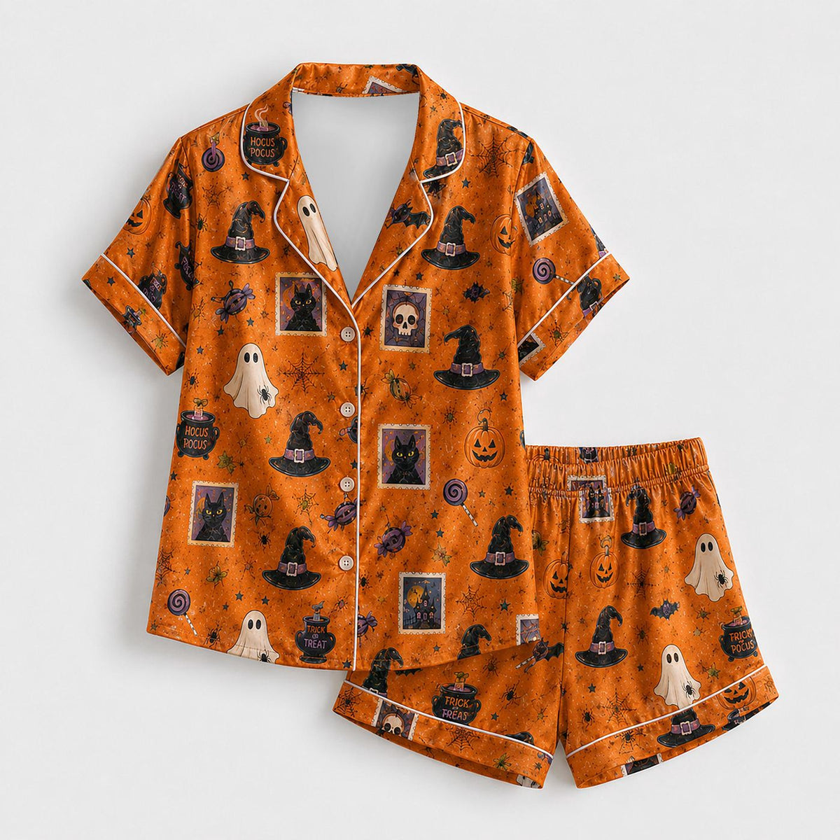 Witchy Halloween Satin Pajama Set with Ghosts Witch Hats Pumpkins Potions & Vintage Spooky Motifs