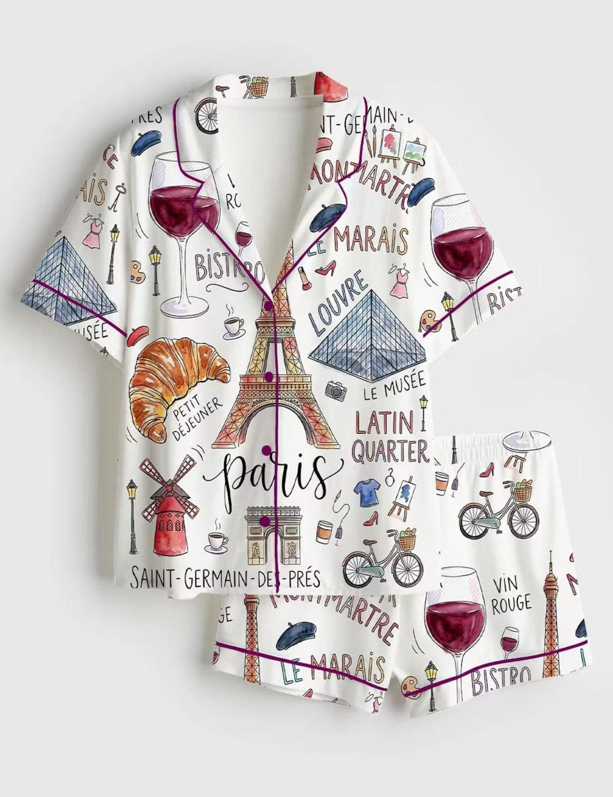 Paris Vacation Pajamas Women Set French Print Sleepwear