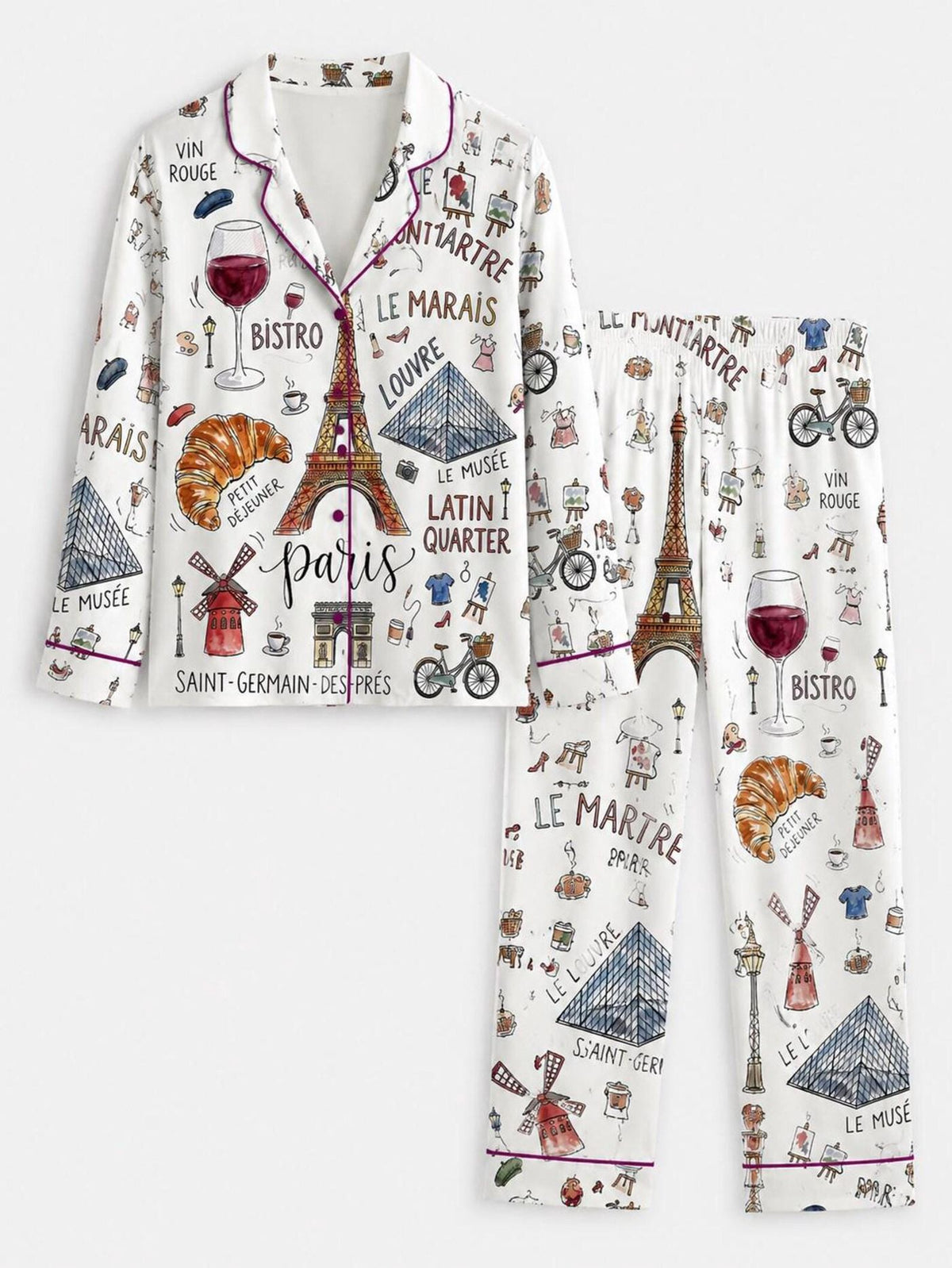 Paris Vacation Pajamas Women Set French Print Sleepwear