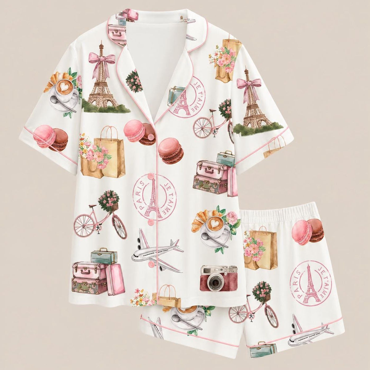 Paris Travel Satin Pajama Set, Silky Print Sleepwear, Paris Lovers Birthday Gift for Women