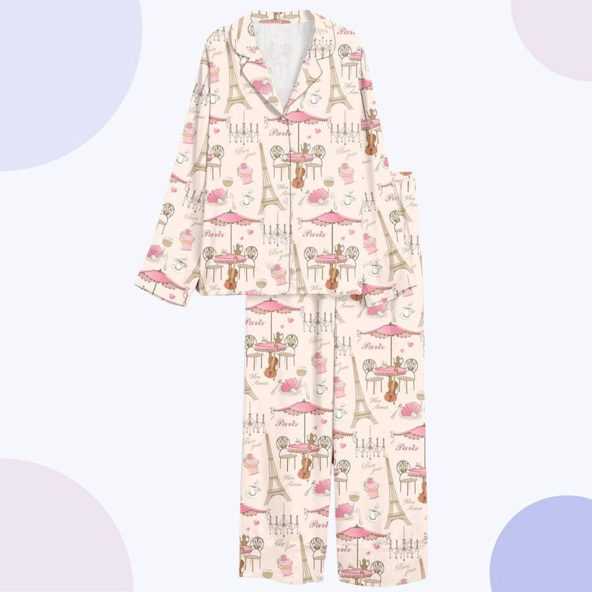 Luxury Parisian Satin Pajama Set with Eiffel Tower Print - Elegant Women s Sleepwear