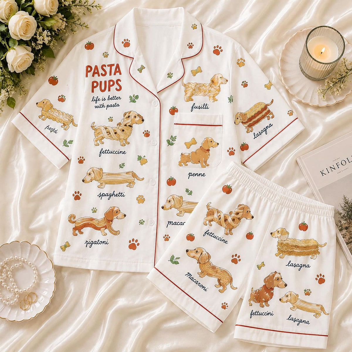 Pasta Pups Dachshund Pajamas: Funny Spaghetti Dog Sleepwear & Lounge Set Gift