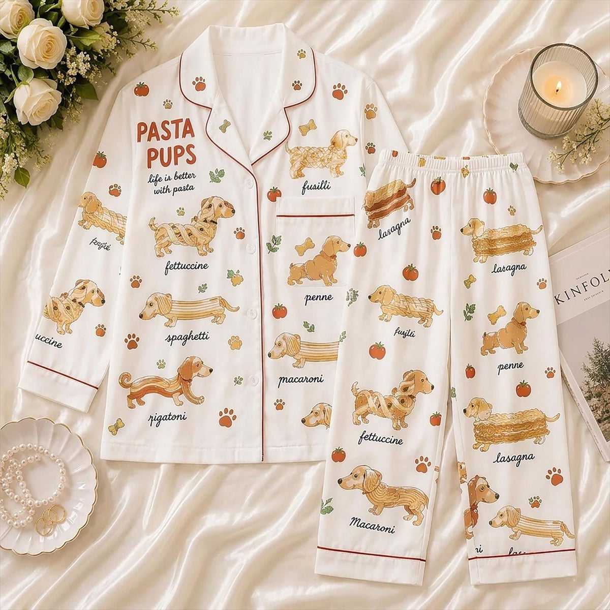 Pasta Pups Dachshund Pajamas: Funny Spaghetti Dog Sleepwear & Lounge Set Gift