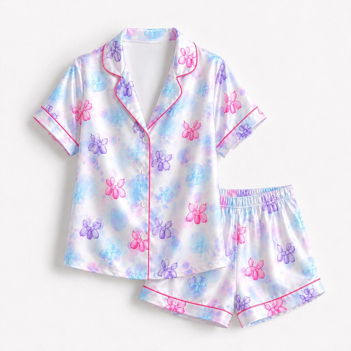 Cozy Pastel Balloon Flower Satin Pajama Set with Floral Pattern for Stylish Sleepwear