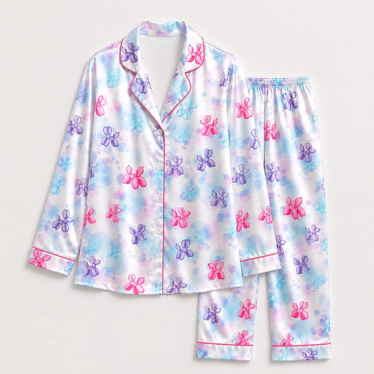 Cozy Pastel Balloon Flower Satin Pajama Set with Floral Pattern for Stylish Sleepwear