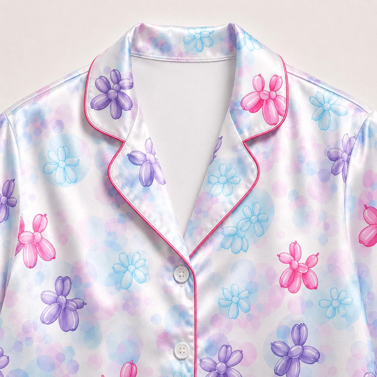 Cozy Pastel Balloon Flower Satin Pajama Set with Floral Pattern for Stylish Sleepwear