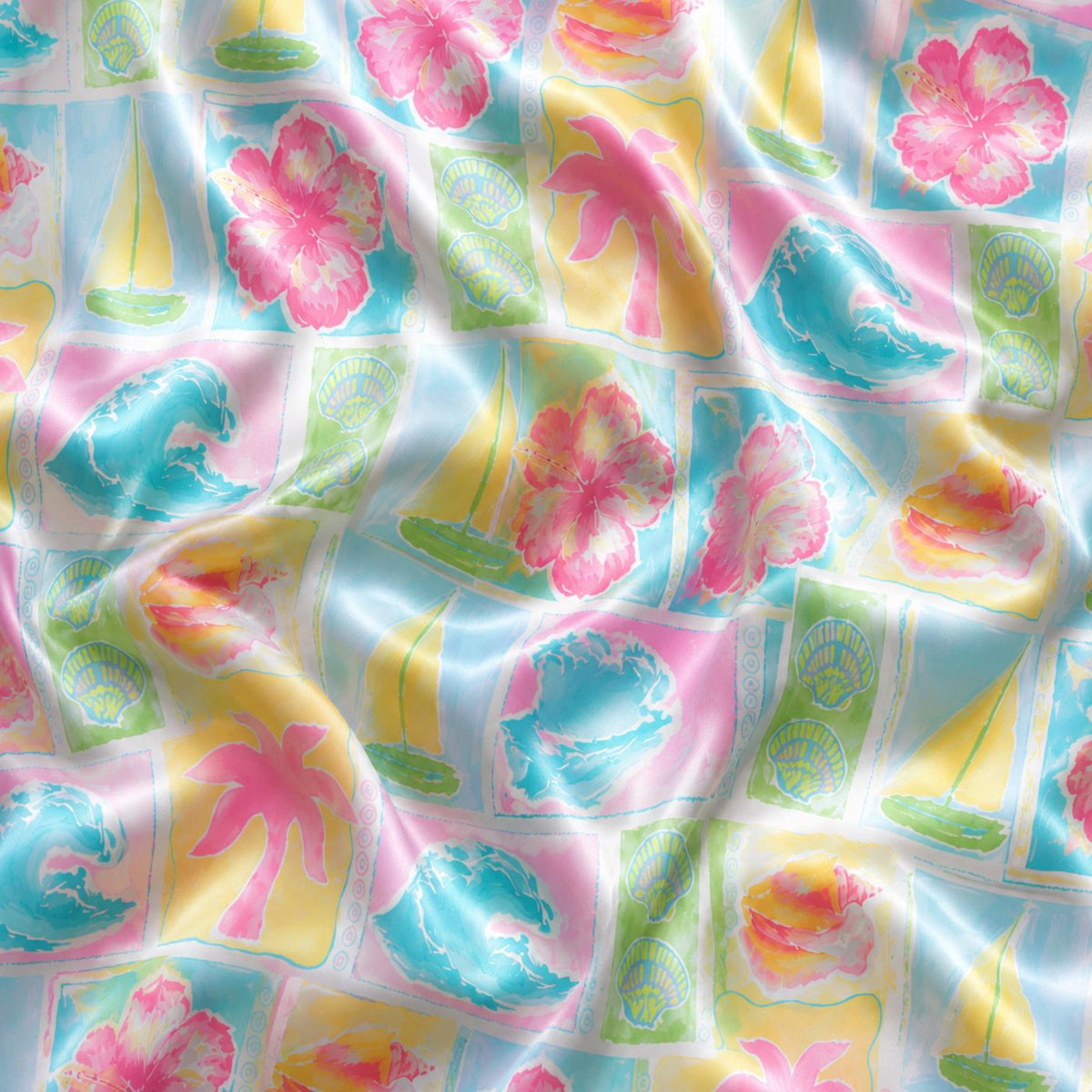 Pastel Coastal Tropical Satin Pajama Set - Patchwork Beach Sleepwear