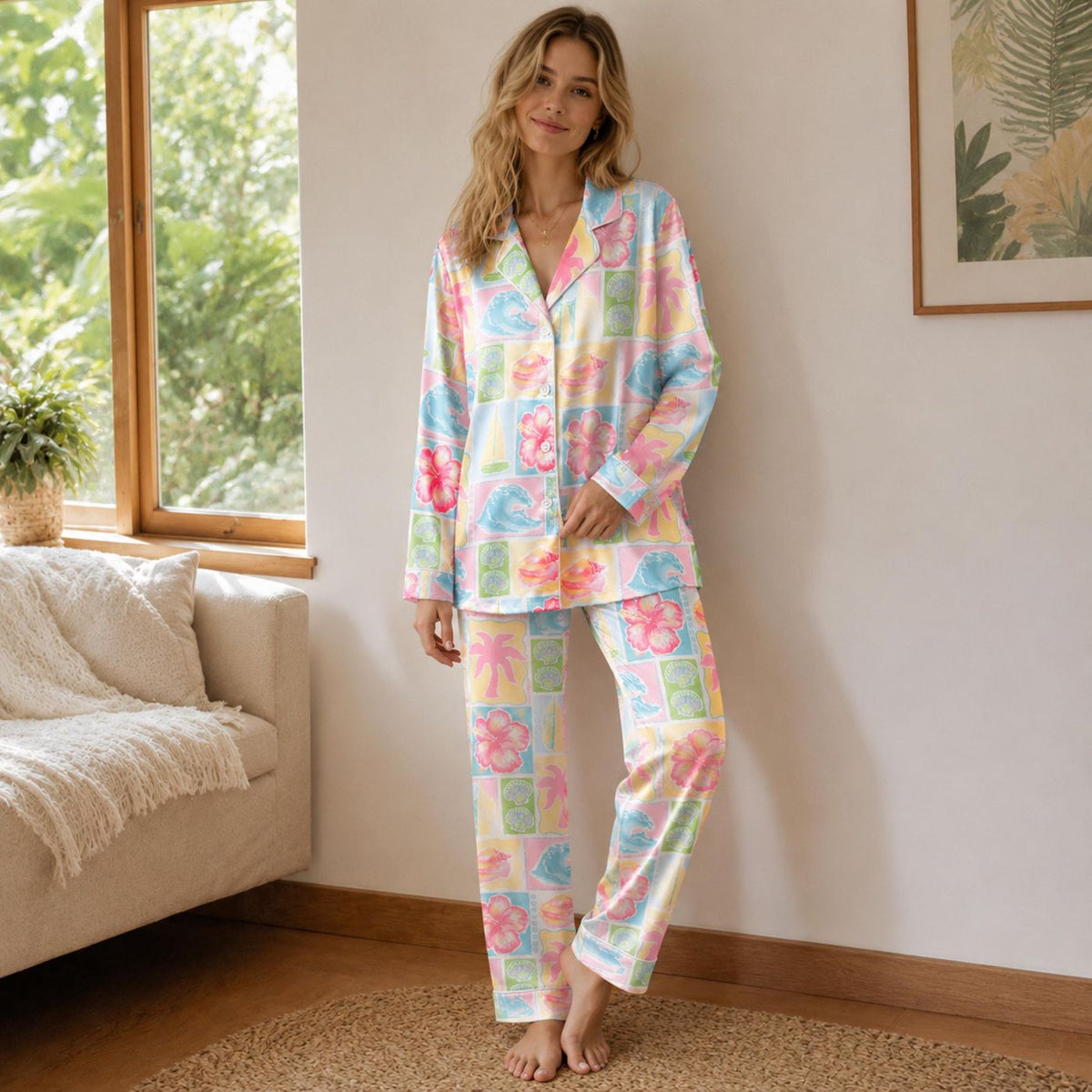 Pastel Coastal Tropical Satin Pajama Set - Patchwork Beach Sleepwear