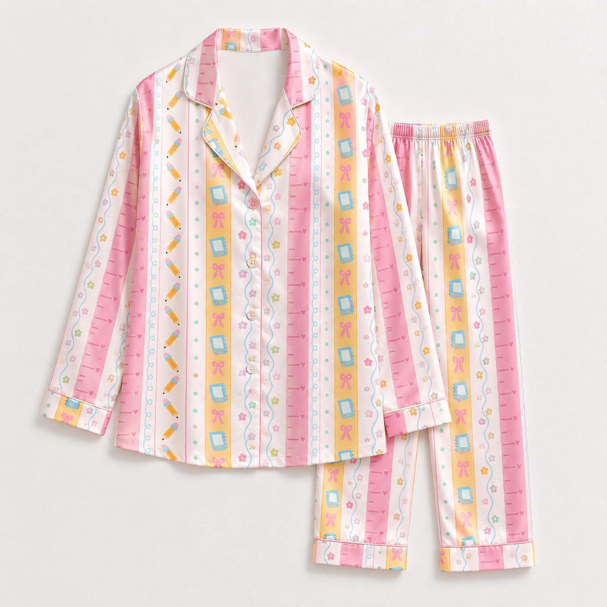 Cozy Satin Pajama Set with Bows & Flowers - Pastel Coquette Sleepwear