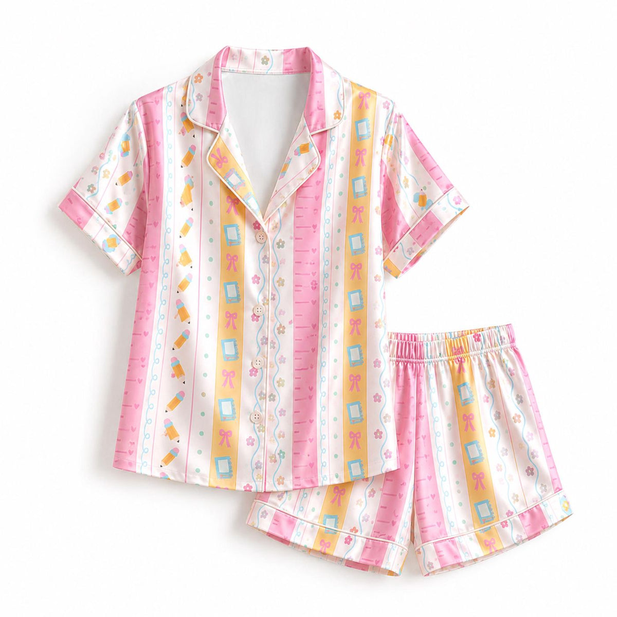 Cozy Satin Pajama Set with Bows & Flowers - Pastel Coquette Sleepwear