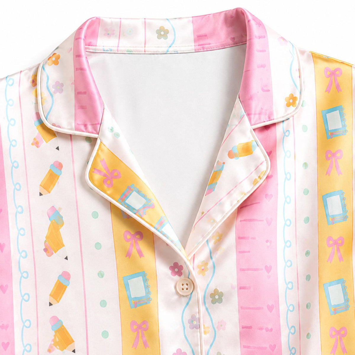 Cozy Satin Pajama Set with Bows & Flowers - Pastel Coquette Sleepwear