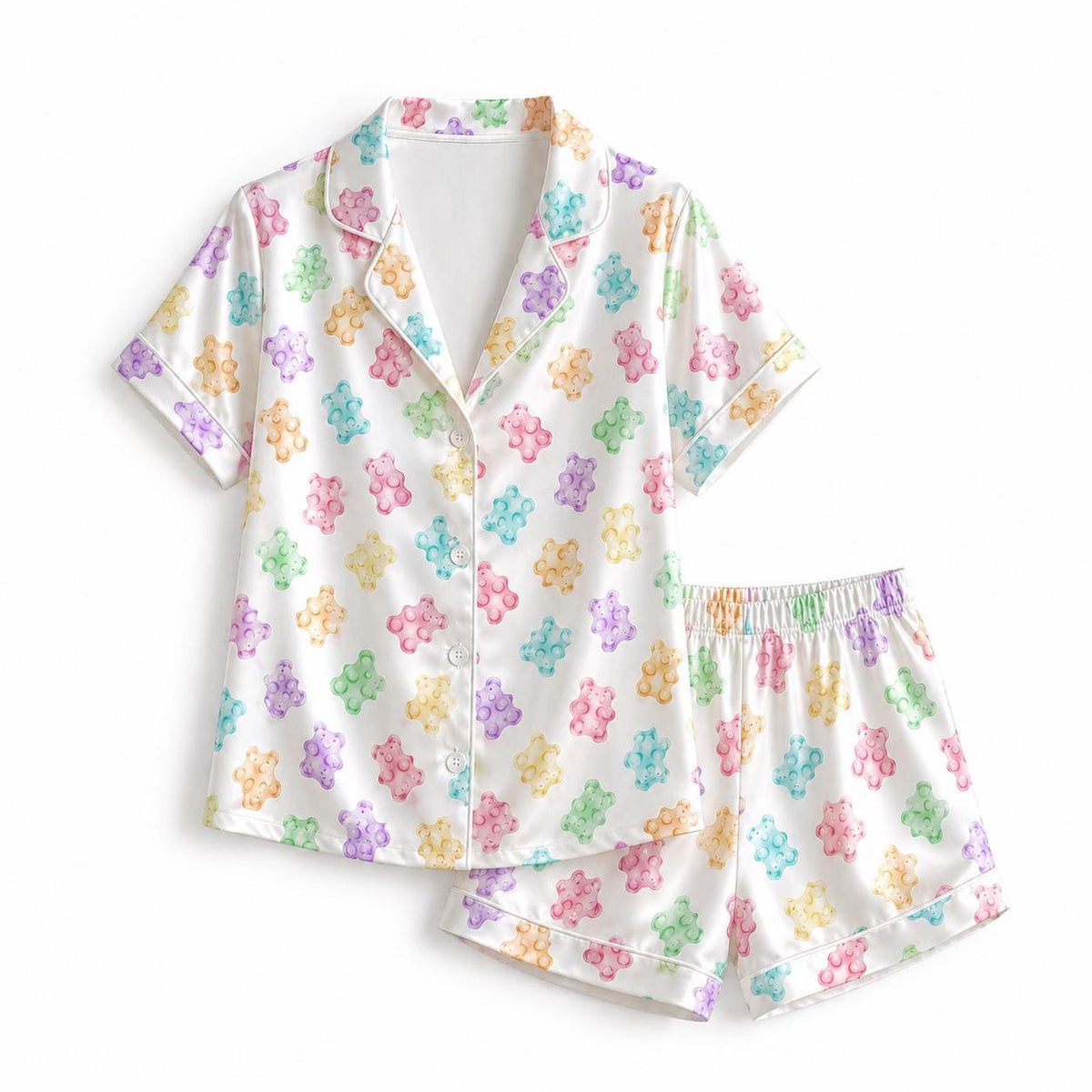 Cute Cozy Pastel Gummy Bear Satin Pajama Set - Colorful Candy Bear Pattern Sleepwear