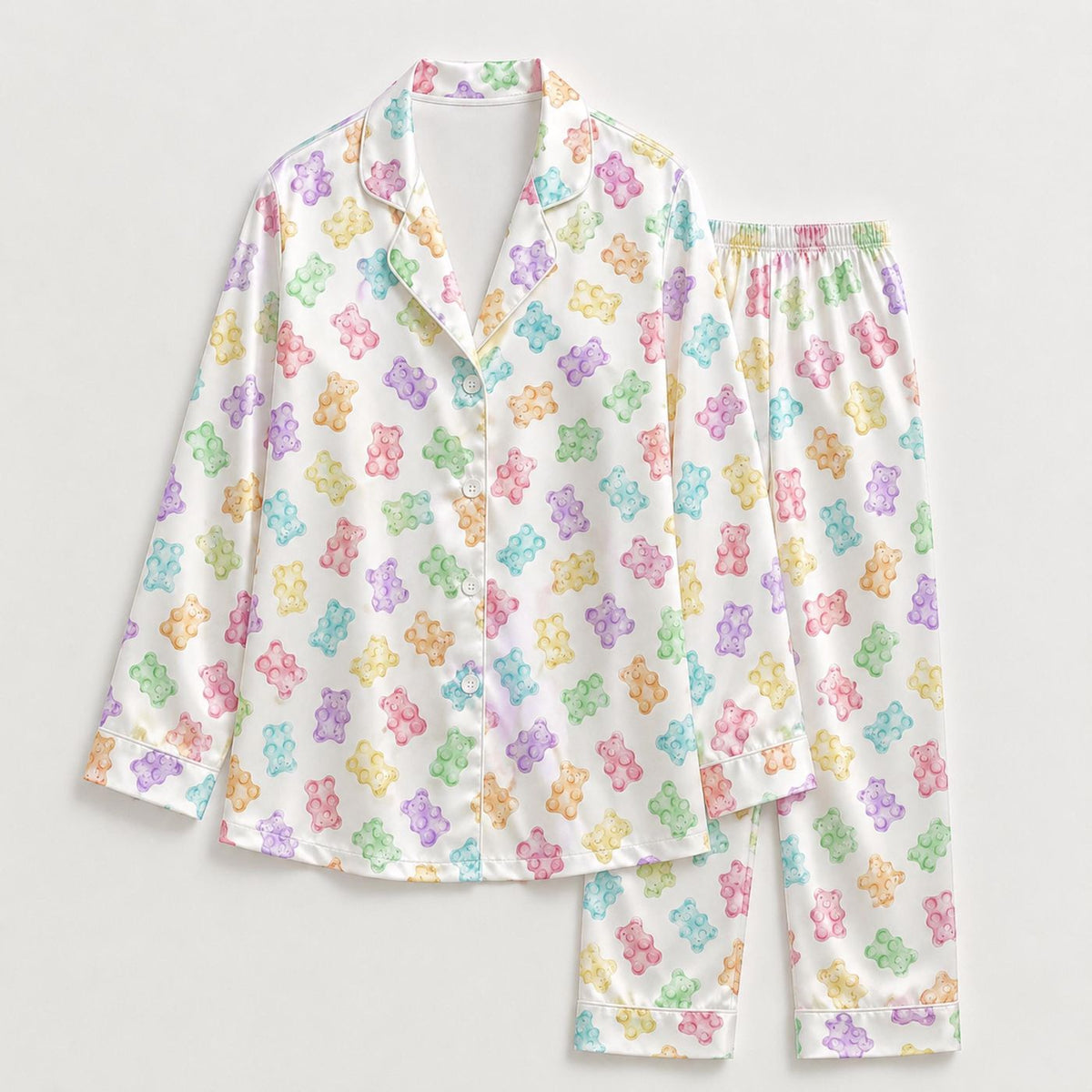 Cute Cozy Pastel Gummy Bear Satin Pajama Set - Colorful Candy Bear Pattern Sleepwear