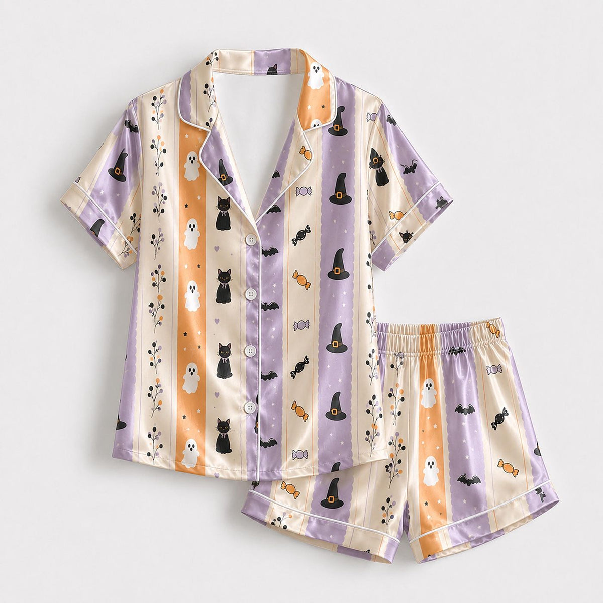 Spooky Cute Ghost Cat Satin Pajamas for Halloween - Striped Sleepwear